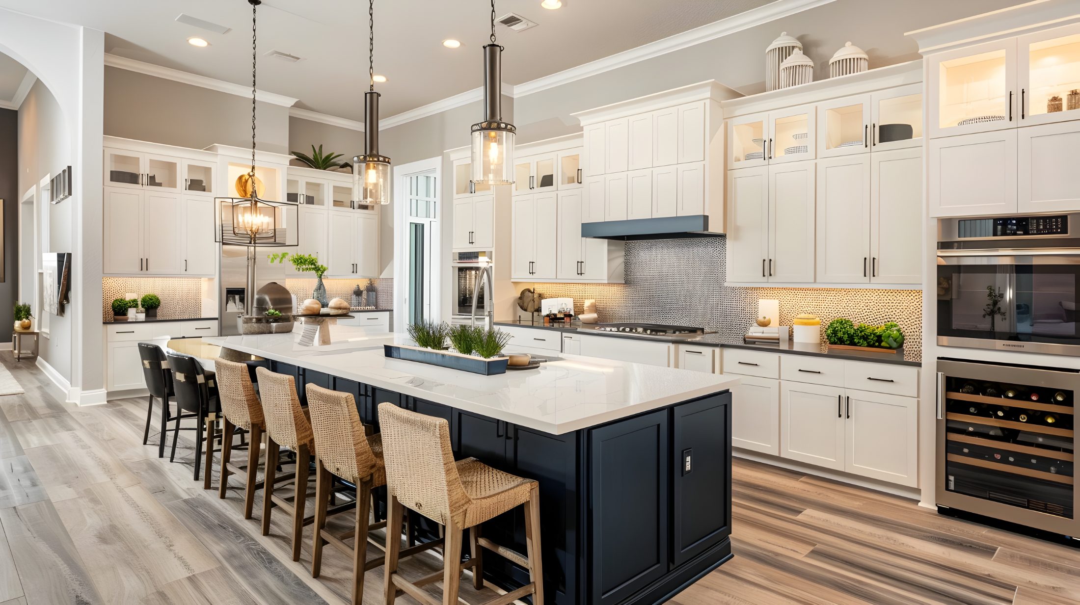 Modern kitchen with white cabinetry, dark island, gold backsplash, and pendant lighting