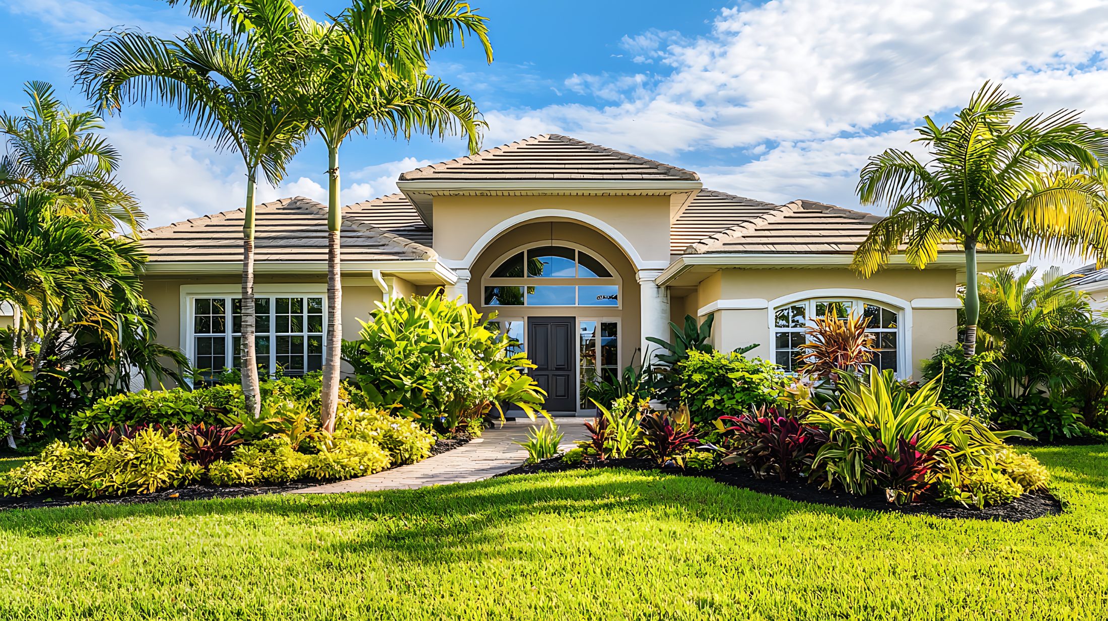Beautiful Florida home with palm trees and lush tropical landscaping under a blue sky