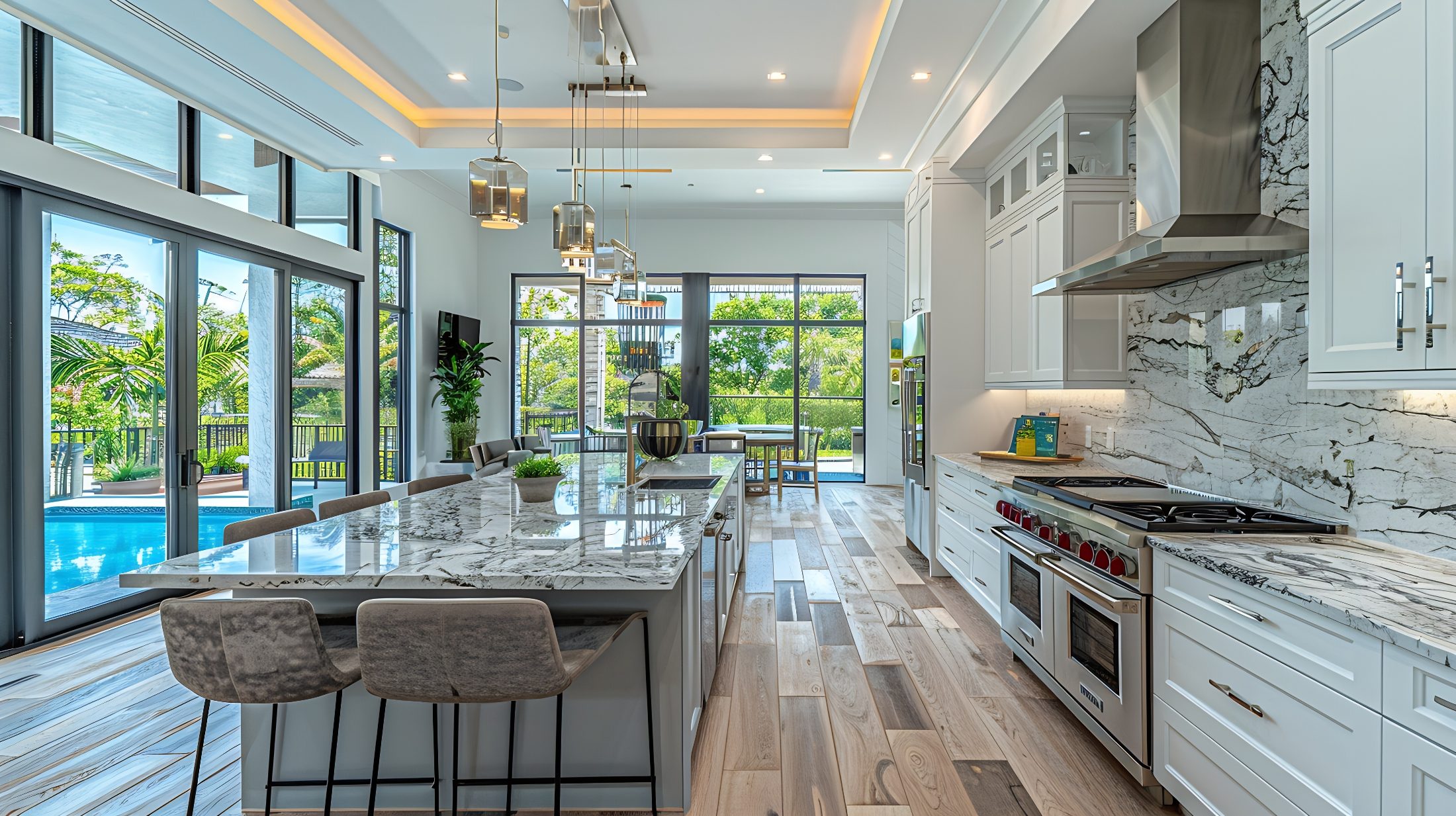 Modern luxury kitchen with marble island, white cabinetry, and pool view through glass doors