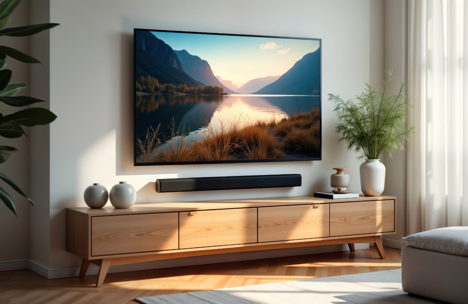 Wall-mounted flat screen TV in a living room