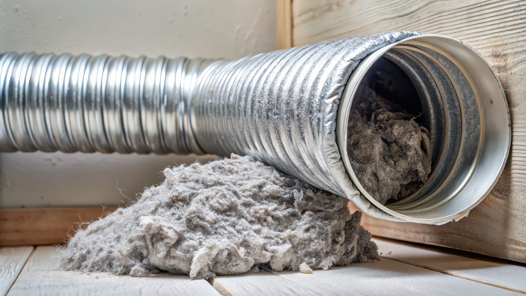 Dryer vent duct with lint buildup spilling from opening