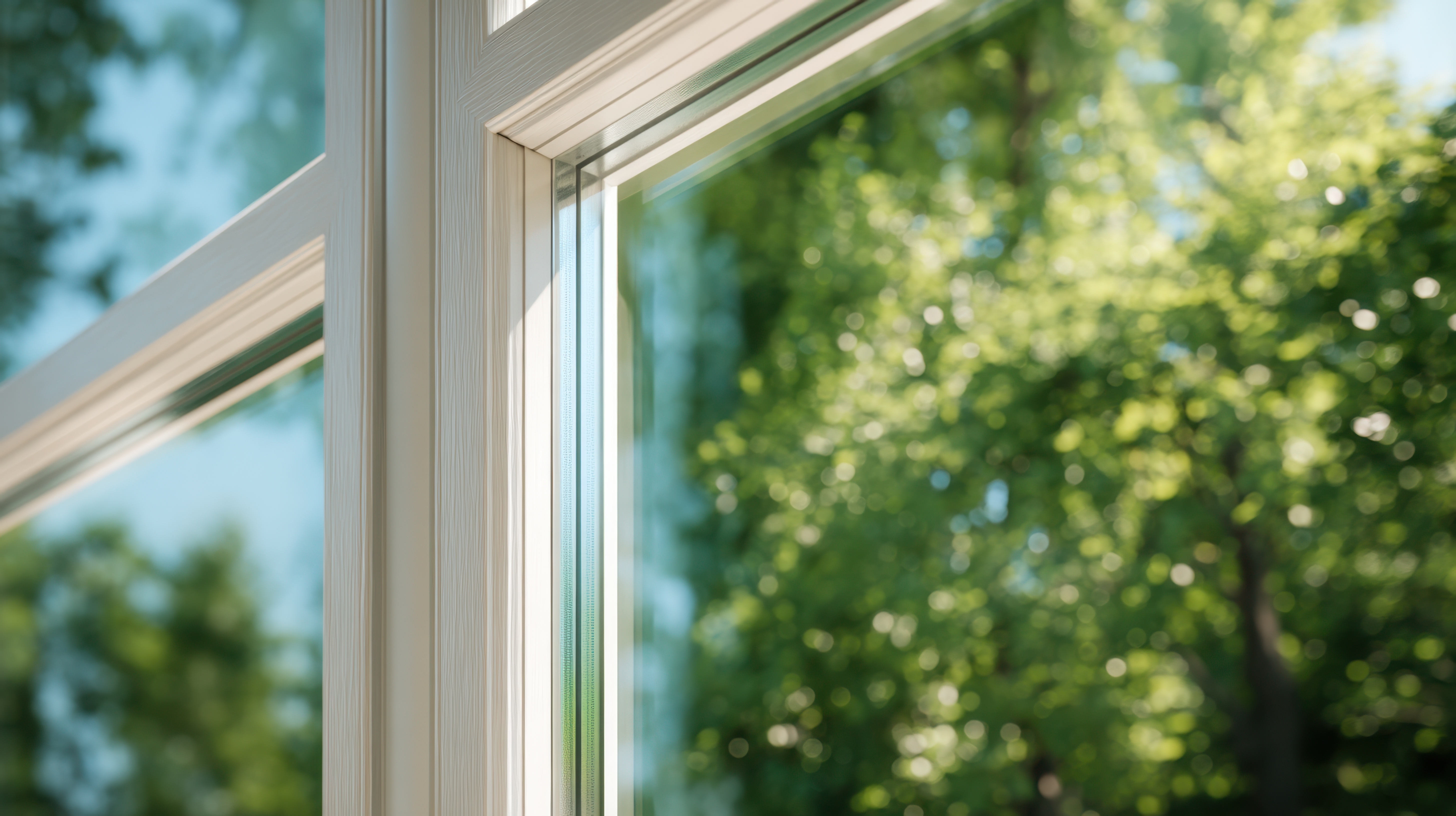 Close-up of modern white window frame with green garden and blue sky visible outside